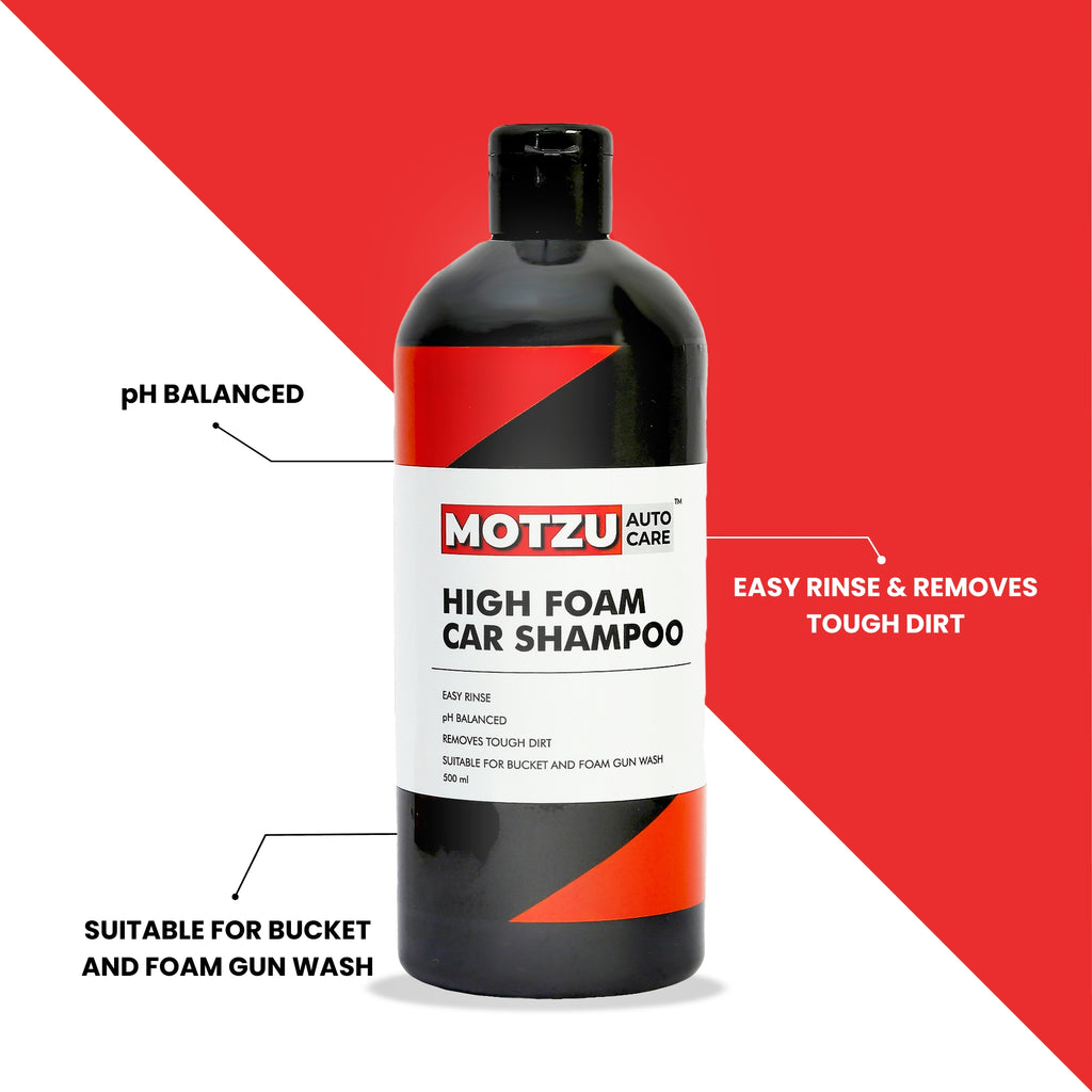 Bottle of Motzu High Foam Car Shampoo showing benefits.
